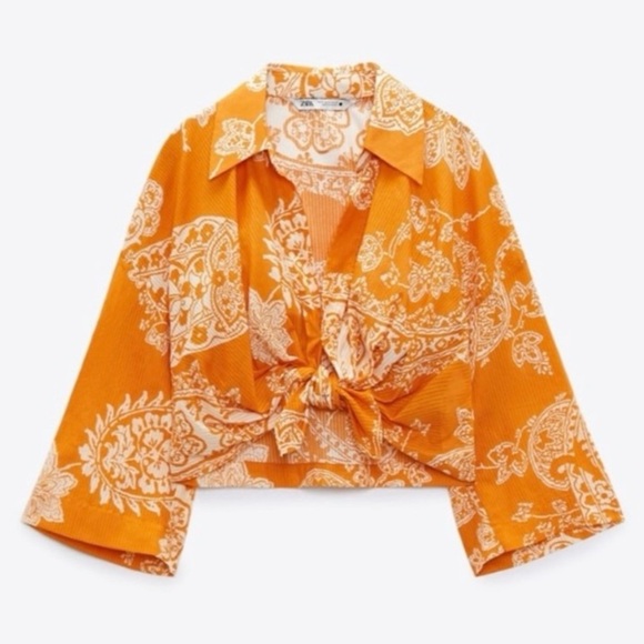 Zara Crop Top Front Tie Orange Printed Size S - Picture 2 of 8
